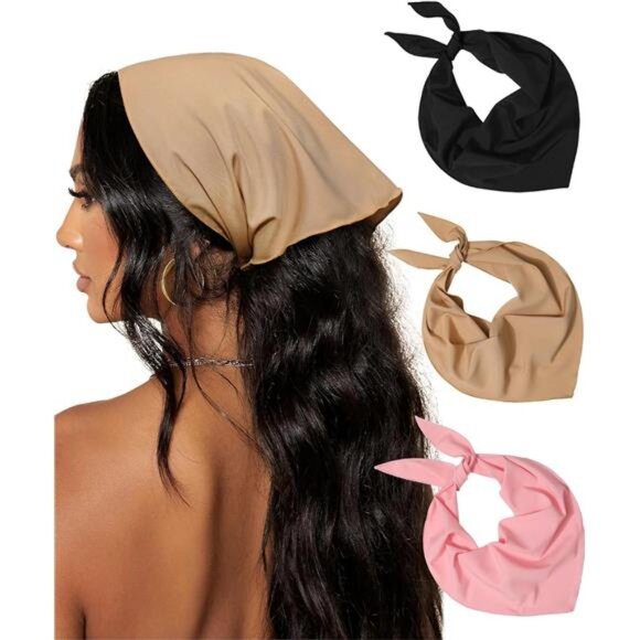 Accessories - 3Pcs Hair Bandanas Head Kerchief for Women Solid Color - Khaki / Pink / Black